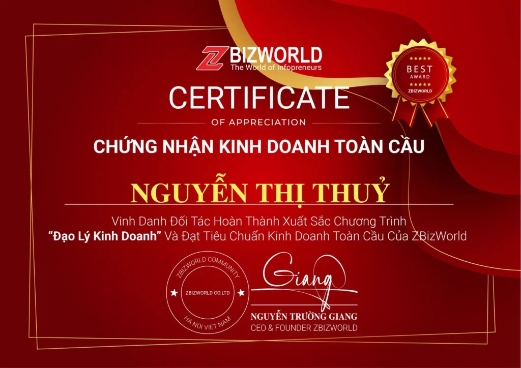 Chứng nhận Đạo Lý Kinh Doanh của Nguyễn Thị Thuỷ