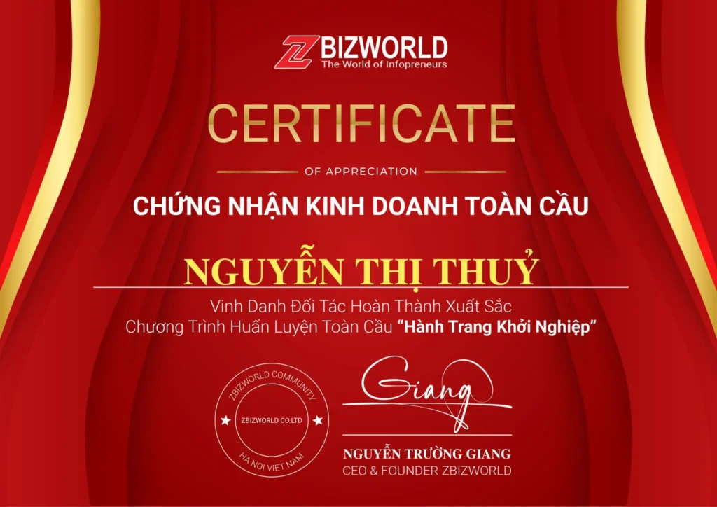 Chứng nhận Hành Trang Khởi Nghiệp của Nguyễn Thị Thuỷ